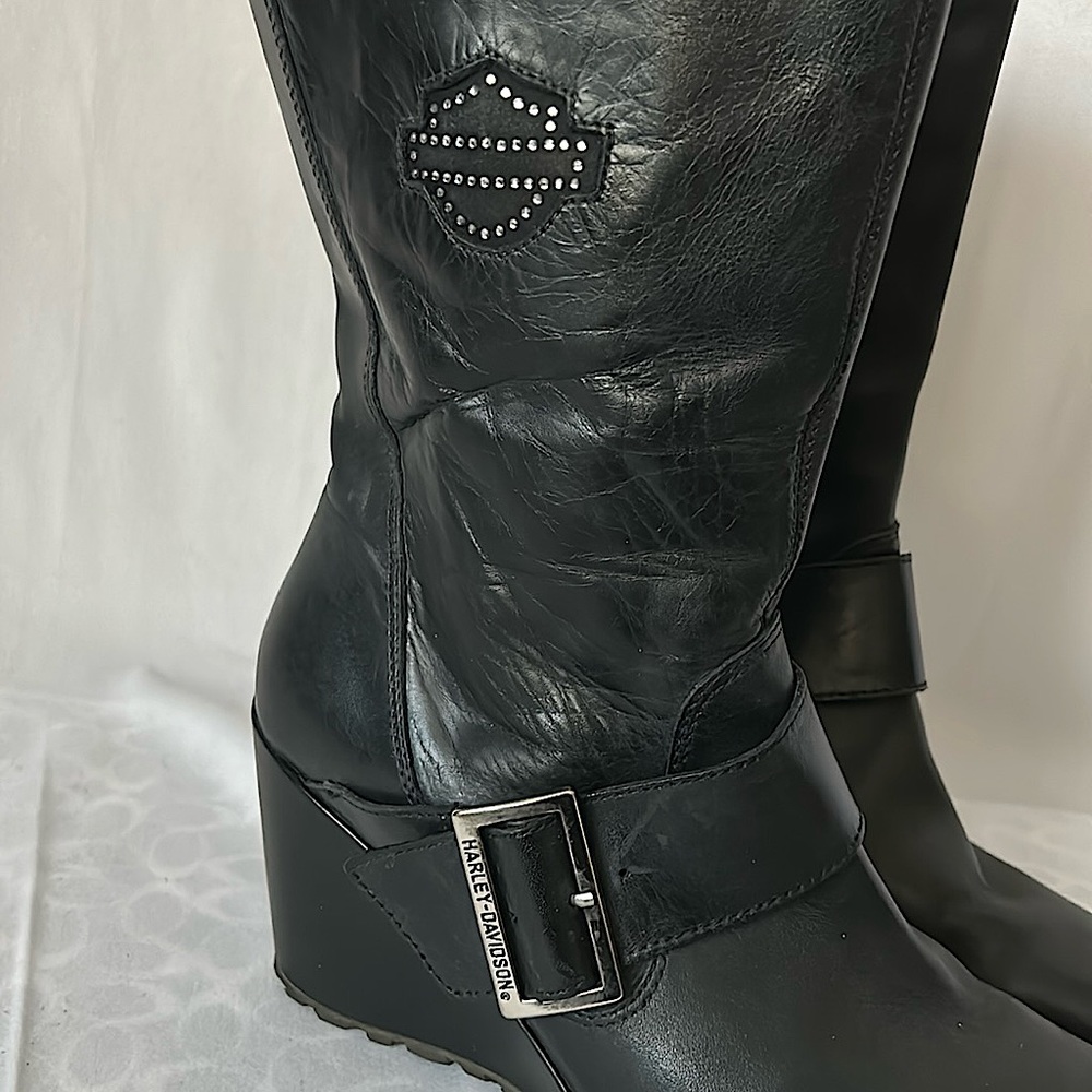 Harley-Davidson Sexy Black Leather Wedge Heel Moto Boots Shoes **Size 8**🔥🔥 - Picture 4 of 10